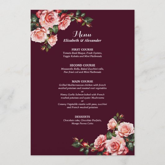 Dark moody pink and red roses burgundy wedding menükarte (Vorderseite)