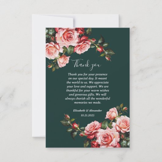 Dark moody pink and red roses green wedding dankeskarte (Vorderseite)