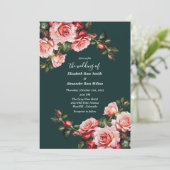 Dark moody pink and red roses green wedding einladung (Stehend Vorderseite)