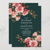 Dark moody pink and red roses green wedding einladung (Vorne/Hinten)