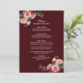Dark moody pink and red roses maroon wedding menükarte (Stehend Vorderseite)
