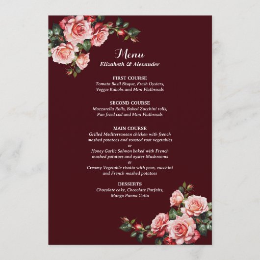 Dark moody pink and red roses maroon wedding menükarte (Vorderseite)