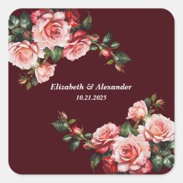 Dark moody pink and red roses maroon wedding quadratischer aufkleber