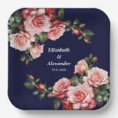 Dark moody pink and red roses navy blue wedding pappteller (Vorderseite)