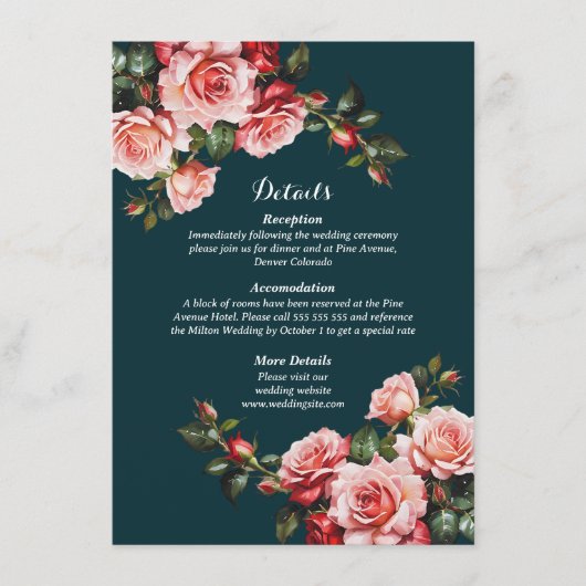 Dark moody pink and red roses teal wedding begleitkarte (Vorderseite)