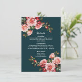 Dark moody pink and red roses teal wedding begleitkarte (Stehend Vorderseite)