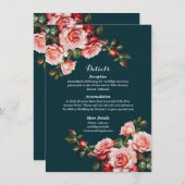 Dark moody pink and red roses teal wedding begleitkarte (Vorne/Hinten)