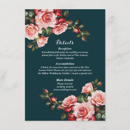 Dark moody pink and red roses teal wedding begleitkarte