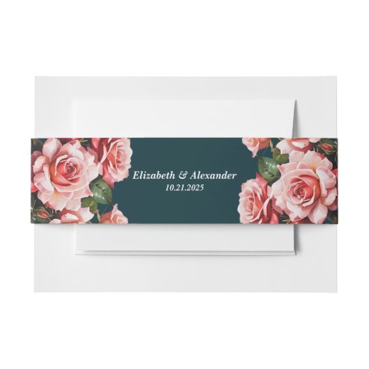Dark moody pink and red roses teal wedding einladungsbanderole (Vorderseite Beispiel)