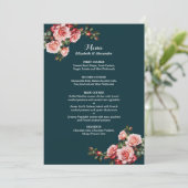 Dark moody pink and red roses teal wedding menükarte (Stehend Vorderseite)