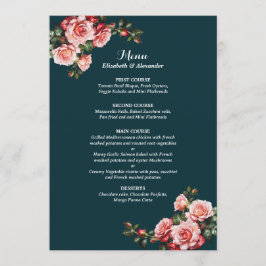 Dark moody pink and red roses teal wedding menükarte