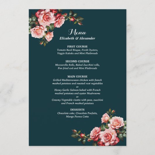 Dark moody pink and red roses teal wedding menükarte (Vorderseite)