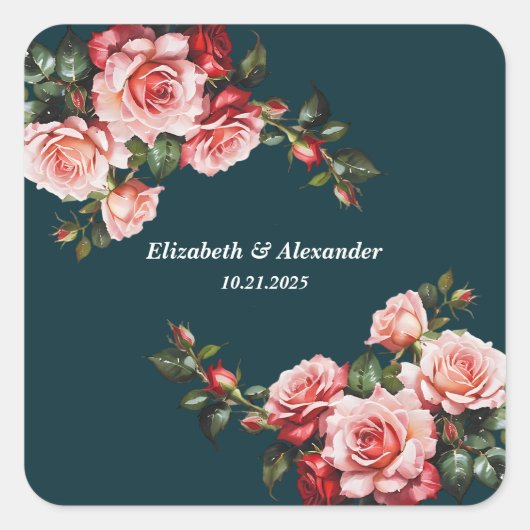 Dark moody pink and red roses teal wedding quadratischer aufkleber (Vorderseite)