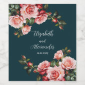 Dark moody pink and red roses teal wedding weinetikett (Einzelnes Label)