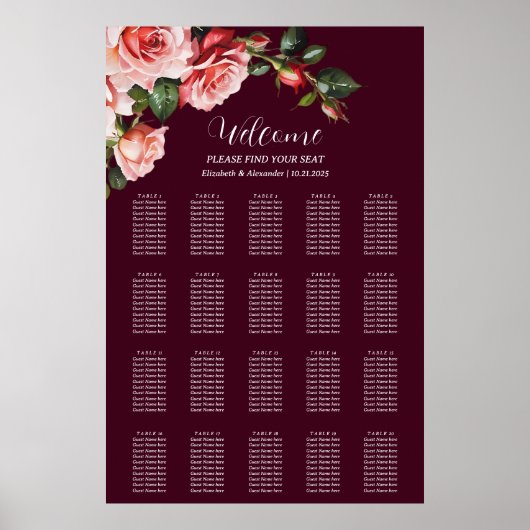 Dark moody pink red roses wedding seating chart poster (Vorne)