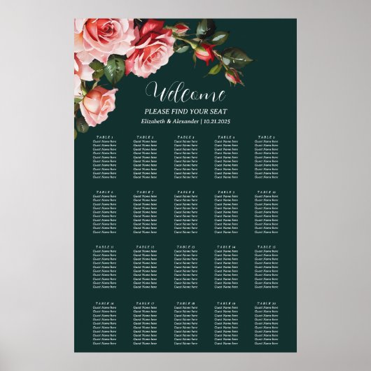Dark moody pink red roses wedding seating chart poster (Vorne)
