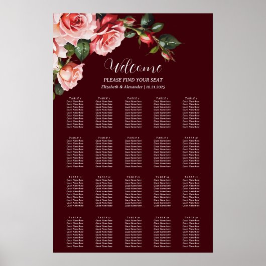 Dark moody pink red roses wedding seating chart poster (Vorne)