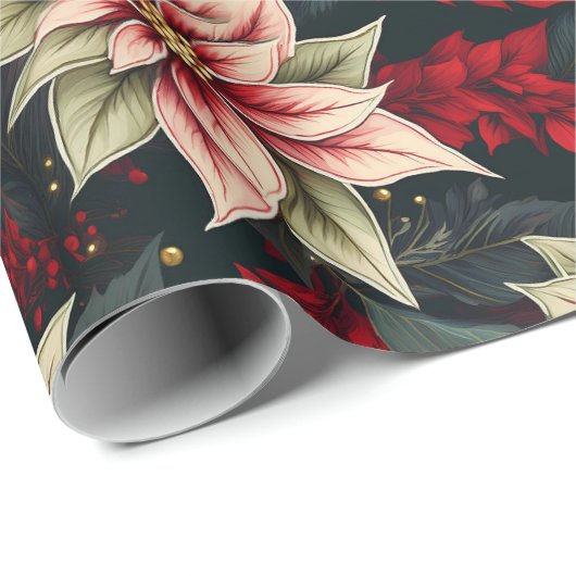 Dark Moody Poinsettia Floral Winter Holiday Geschenkpapier (Rolleneckpunkt)