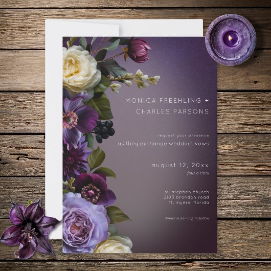 Dark Moody Purple Lavender Floral Modern Wedding Einladung