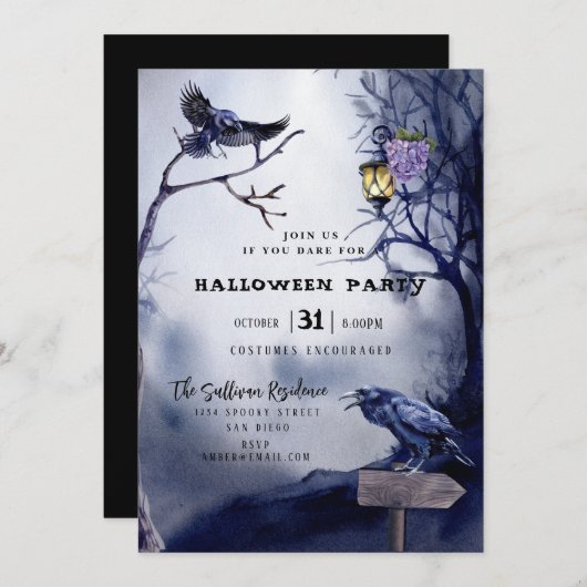 Dark Moody Raven Night Halloween-Party Einladung (Vorne/Hinten)