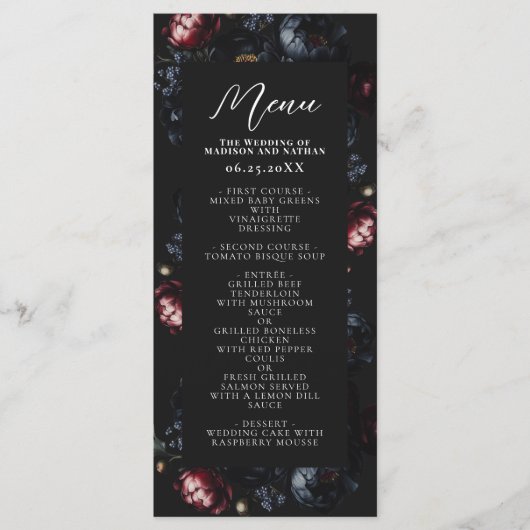 Dark Moody Romantic Black Peony Gothic Wedding Menükarte (Vorderseite)