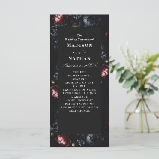Dark Moody Romantic Black Peony Gothic Wedding Programm (Stehend Vorderseite)