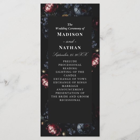 Dark Moody Romantic Black Peony Gothic Wedding Programm (Vorderseite)
