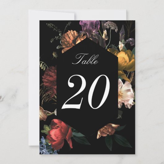 Dark Moody Romantic Dutch Floral Wedding Table Num (Vorderseite)