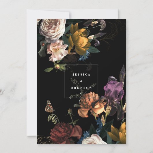 Dark Moody Romantic Floral Dutch Painterly Wedding Einladung (Rückseite)