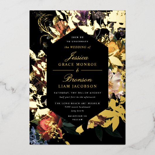 Dark Moody Romantic Floral Dutch Painterly Wedding Folieneinladung (Vorderseite)