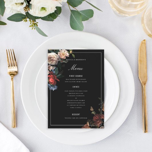 Dark Moody Romantic Floral Dutch Painterly Wedding Menükarte