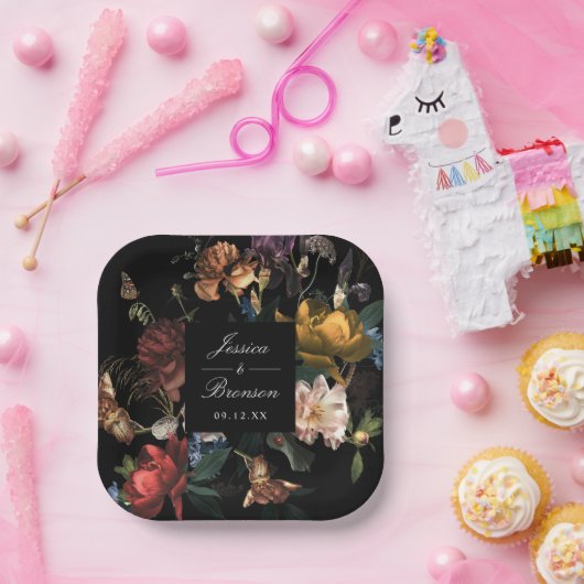 Dark Moody Romantic Floral Dutch Painterly Wedding Pappteller (Party)