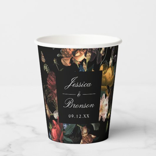 Dark Moody Romantic Floral Dutch Polterabend Pappbecher (Rückseite)