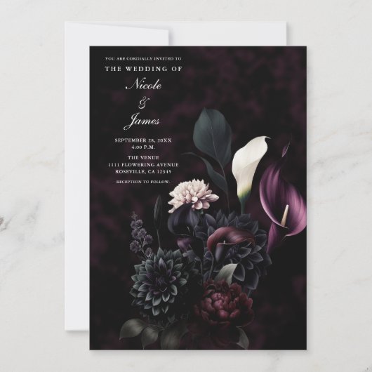 Dark Moody Romantic Floral Wedding Einladung (Vorderseite)