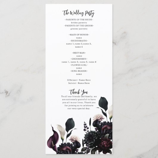 Dark Moody Romantic Floral Wedding Program Programm (Rückseite)