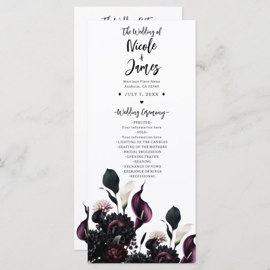Dark Moody Romantic Floral Wedding Program Programm (Vorne/Hinten)
