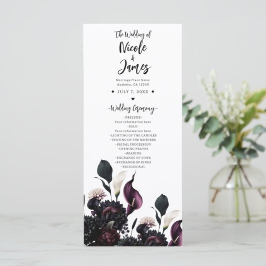 Dark Moody Romantic Floral Wedding Program Programm (Stehend Vorderseite)