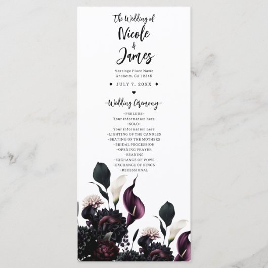 Dark Moody Romantic Floral Wedding Program Programm (Vorderseite)
