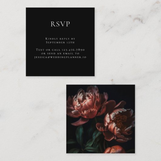 Dark Moody Romantic Floral Wedding RSVP Begleitkarte (Vorne/Hinten)