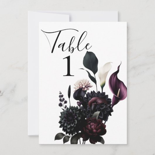 Dark Moody Romantic Floral Wedding Tischnummer (Vorderseite)