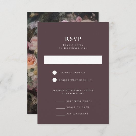 Dark Moody Romantic Floral Wedeption RSVP Karte (Vorne/Hinten)