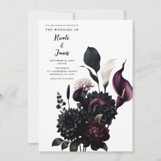 Dark Moody Romantic Floral White Wedding Einladung (Vorderseite)
