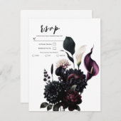 Dark Moody Romantic Floral White Wedding RSVP Einladung (Vorne/Hinten)
