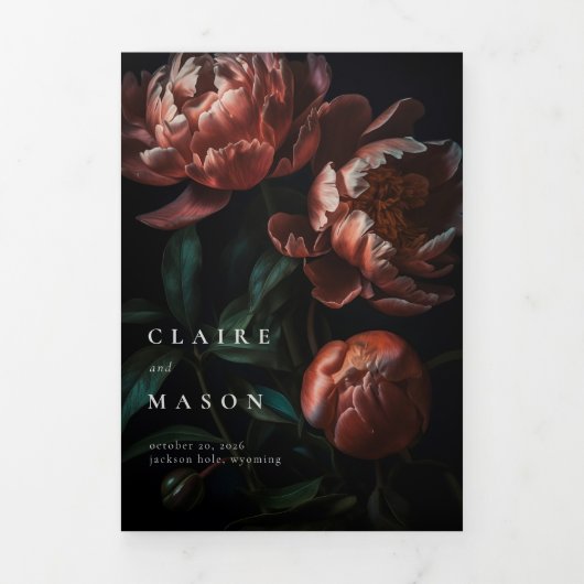 Dark Moody Romantic Gothic Flowers Wedding Dreifach Gefaltete Einladung (Cover)