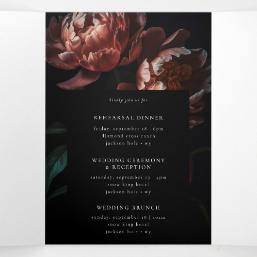 Dark Moody Romantic Gothic Flowers Wedding Dreifach Gefaltete Einladung (Innenseite Mitte)