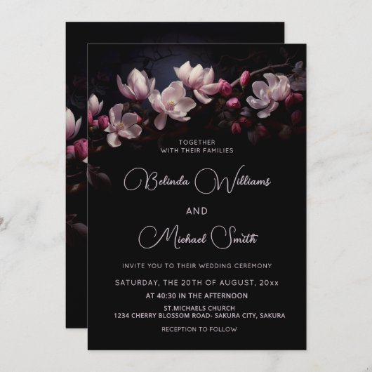 Dark Moody Romantic Magnolia Flowers Einladung (Vorne/Hinten)