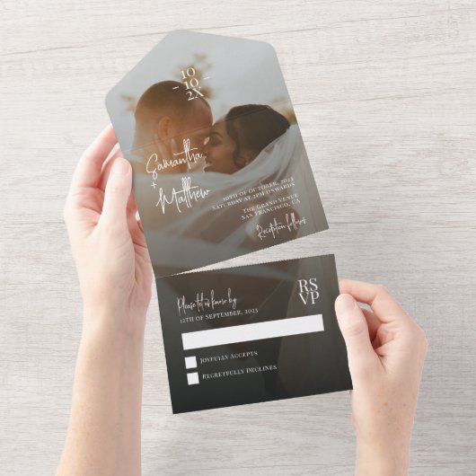 Dark Moody Romantic Minimalistisch Wedding Jubiläu All In One Einladung (Abreißen)