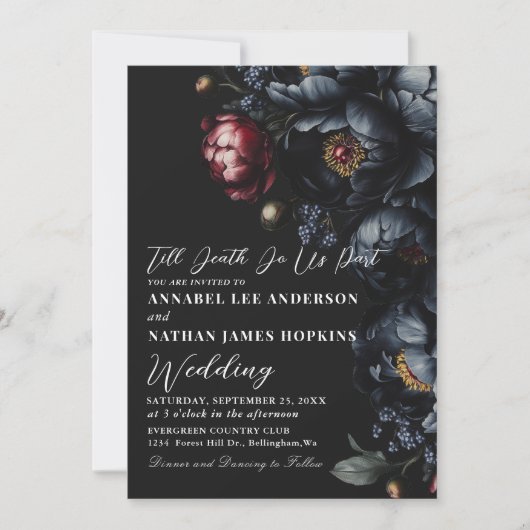 Dark Moody Romantic Peony Gothic Wedding QR Code Einladung (Vorderseite)