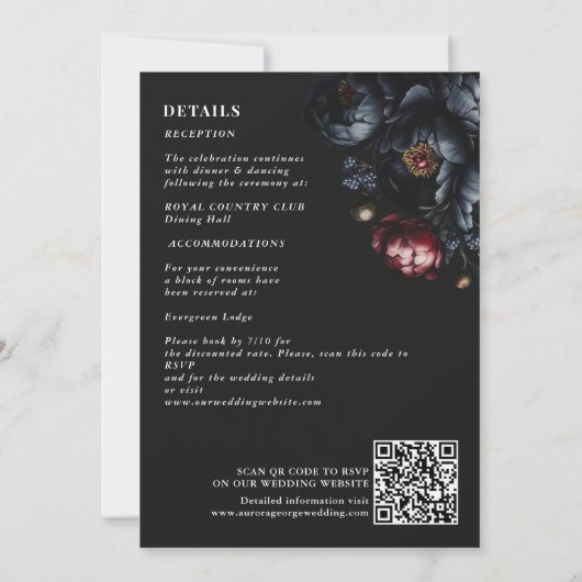 Dark Moody Romantic Peony Gothic Wedding QR Code Einladung (Rückseite)