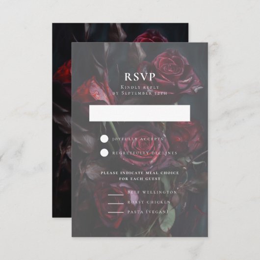 Dark Moody Romantic Rose Hochzeitessen Wahl RSVP Karte (Vorne/Hinten)